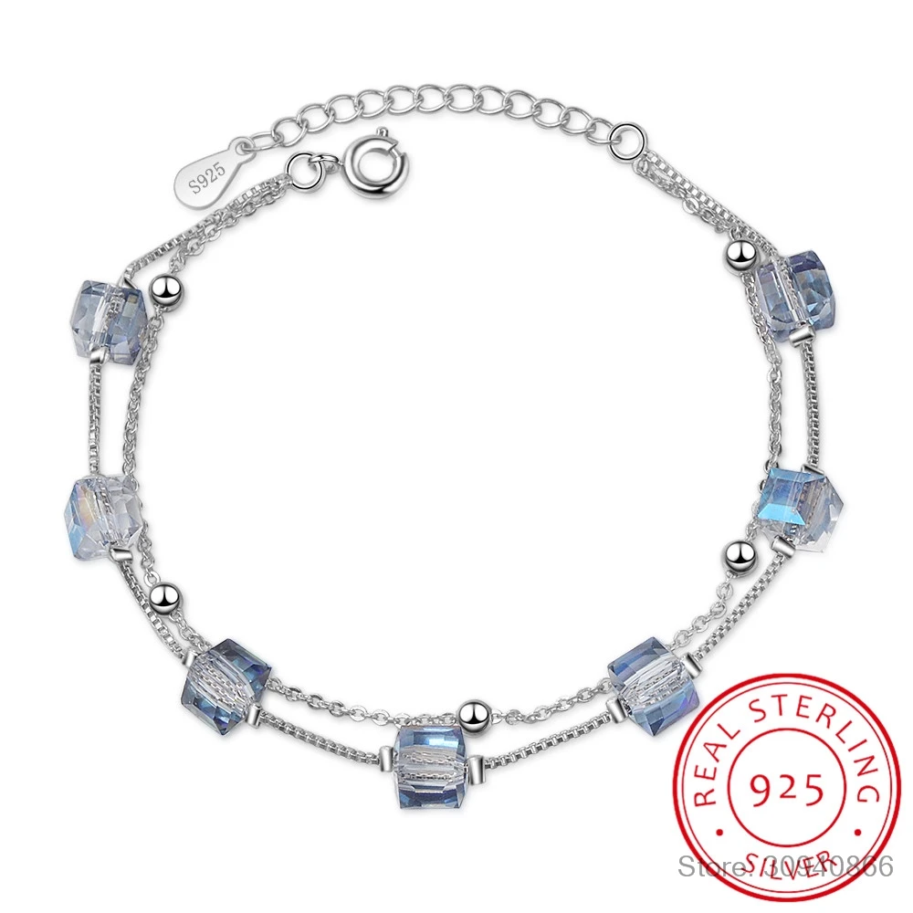 Square Natural Blue Crystal 925 Sterling Silver Double Layer Cube Bracelet Gemstone Fine Jewelry Pulseiras De Prata