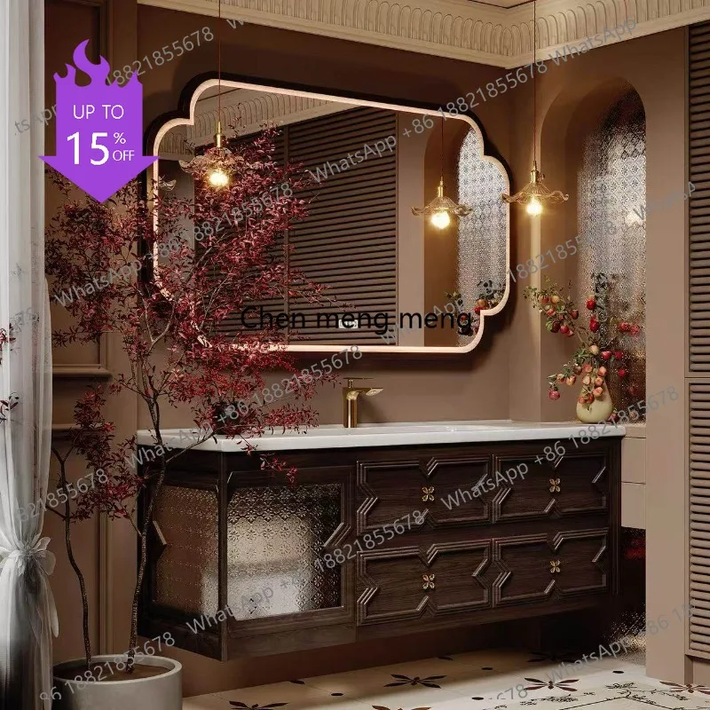 Mueble de baño antiguo francés de madera maciza 03A, combinación de lavabo de cerámica integrado, mueble colgante, lavabo para tocador