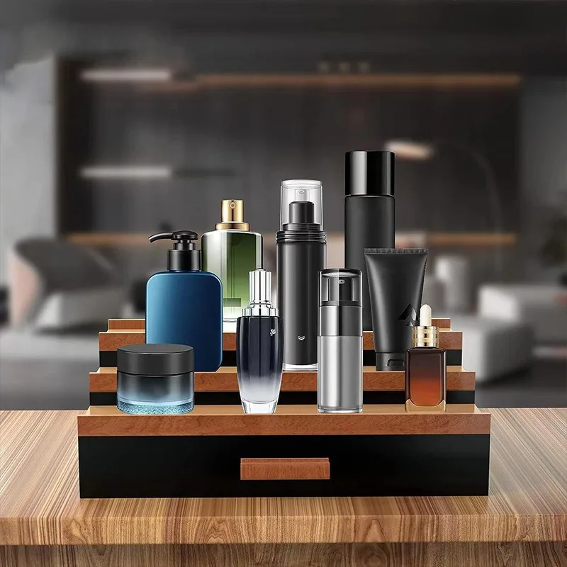 Tiered Makeup Organizer Solid Wood Desktop Storage Box with Drawers, Perfume Display and Cosmetic Storage, Jewelry Organizer