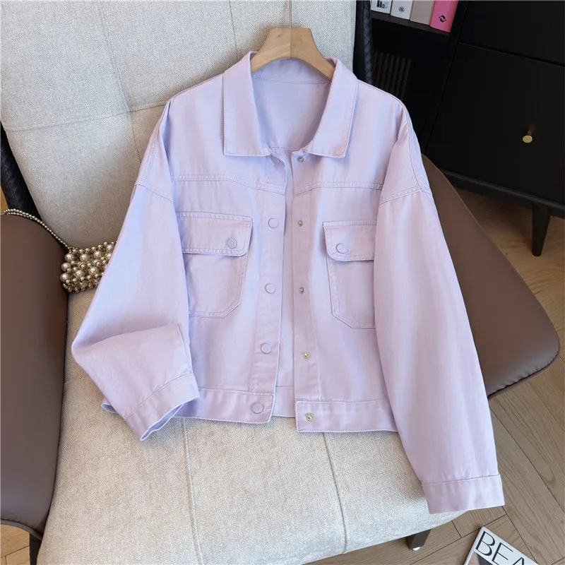 Korean Purple Pink Apricot Casual Short Jeans Jacket Autumn Women Big Pocket Lapel Single-Breasted Long Sleeve Cowboy Outerwear