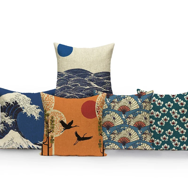 Japanese Style Mountain Blossom Wave Pillow Cover - Home Decorative Living Room Sofa Seat Cushion Case view 2
