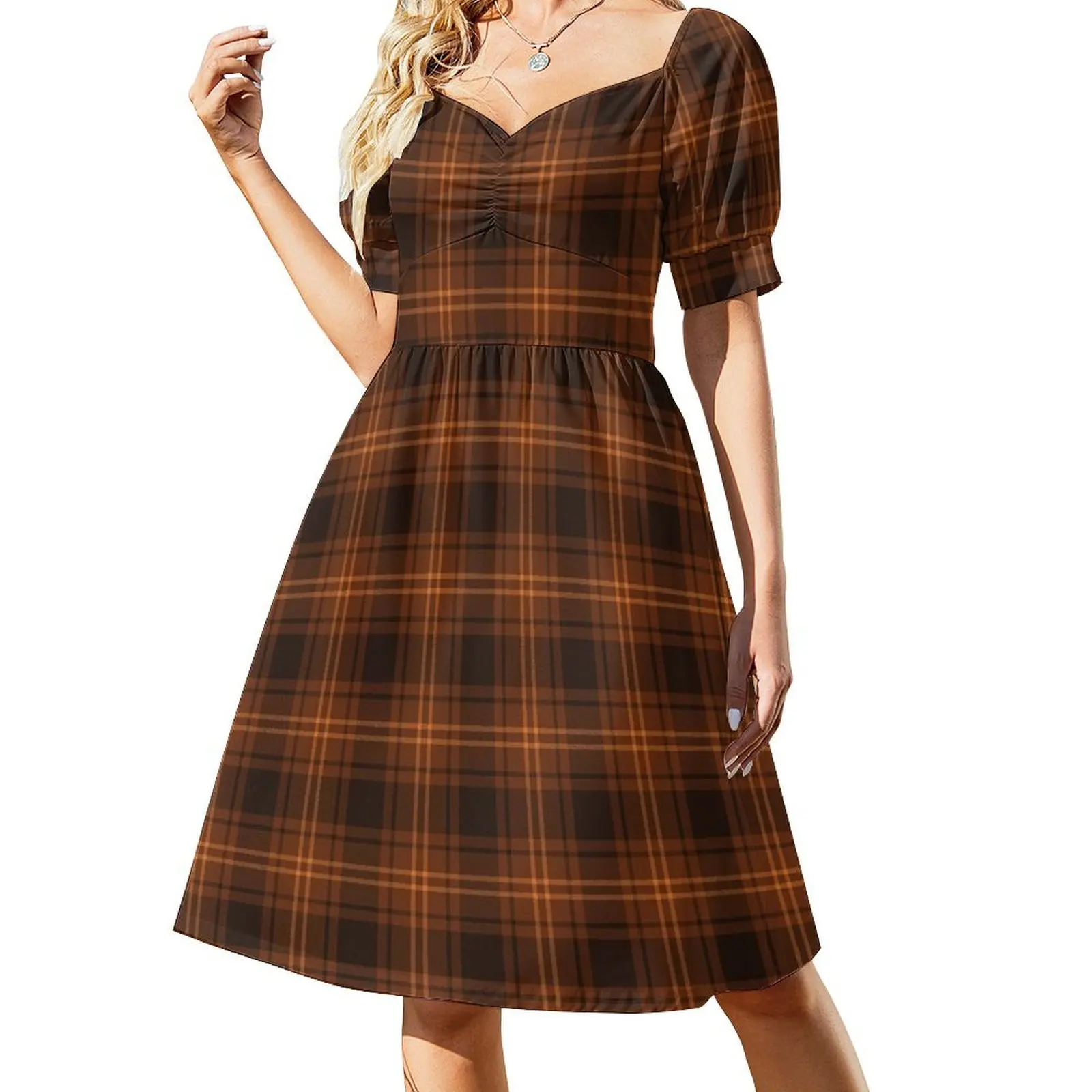 

Chocolate Orange Plaid Twill Pattern Short-Sleeved Dress elegant women's dresses sale dress summer 2025 women