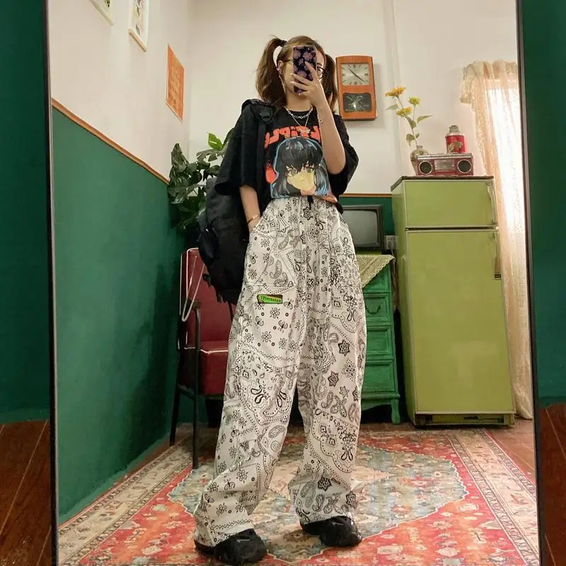 Hose mit weitem Bein für Damen, Harajuku, schick, hohe Taille, trendiger BF-Stil, Teenager, Unisex, Preppy-Druck, lässig, für Schulmädchen, Streetwear