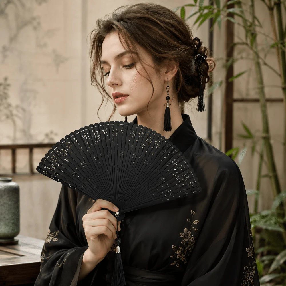 Photography Props Sakura Folding Bamboo Fan Portable Exquisite Elegant Handheld Fans Retro with Tassel Kimono Fan Party Gift