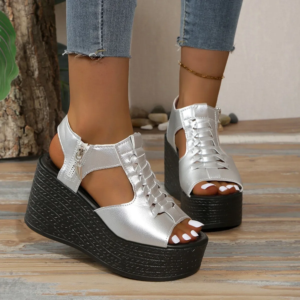 Casual Basic High Heel Rubber Sandals for Women 2024 New Hot Sale Summer Wedges Ladies Shoes Solid Zipper Pu Women\'s Sandals