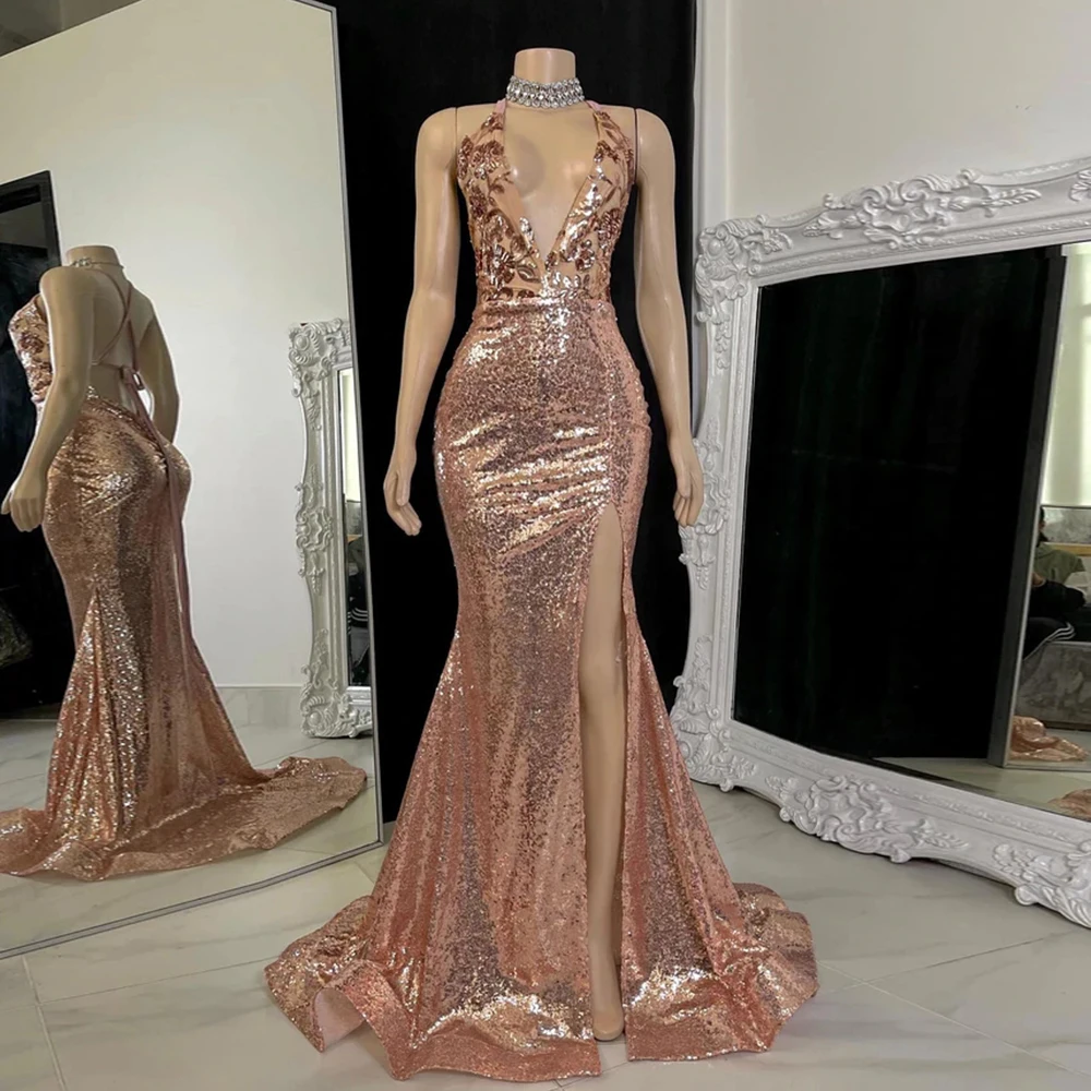 Rose Gold Asymmetrical Prom Gowns V-Neck Sleeveless Prom Gowns High Slit Women's Dress 2024 Glitter Sequined Vestidos De Fiesta