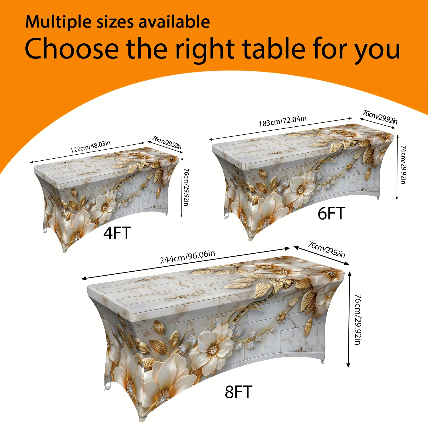 1PC Summer Outdoor Elastic Tablecloth, Luxurious Gray Marble & Golden Floral Print, Fits 4/6/8FT Rectangular
