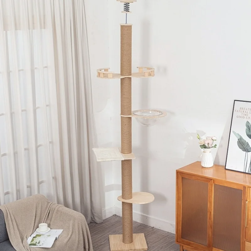 

220-270cm Height Adjustable Cat Tower Cat Tree With Scratching Post and Multiple Platforms for Climbing, Jumping and Lounging