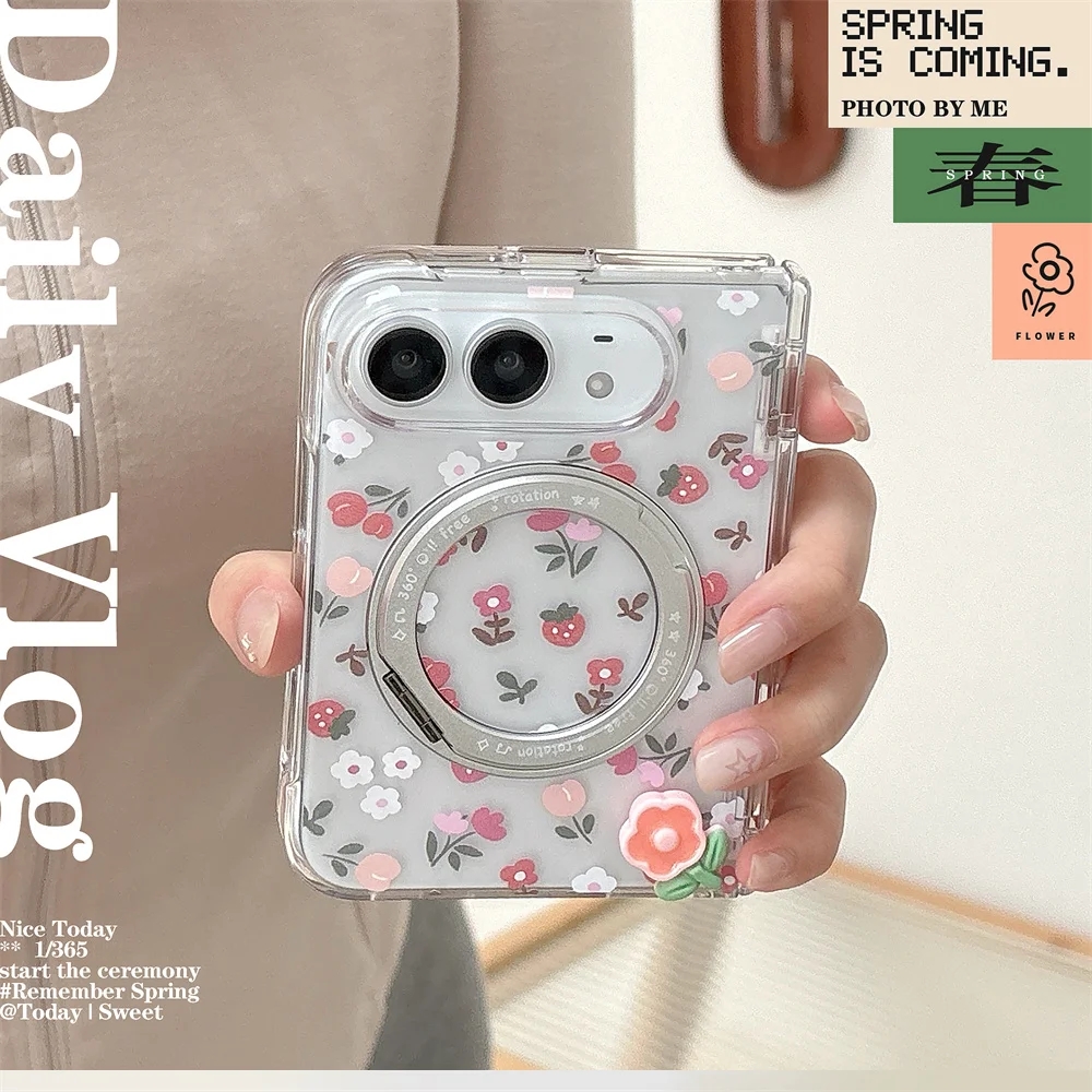 Korean Cute Flowers Strawberry Folding Phone Case For iPhone Duo With Chain  360° Magnetic Stand Shockproof cases For Magsafe