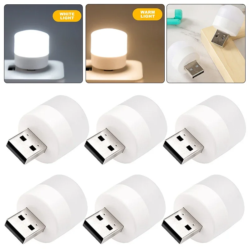 1-6PCS USB Night Light Warm White Eye Protection Book Reading Light USB Plug Computer Mobile Power Charging LED Night Lamp