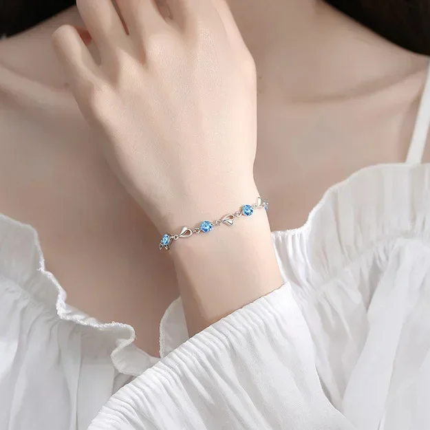 925 Sterling Zilveren Hartvormige Ketting Armband Set Voor Vrouwen Vintage Koreaanse Blauwe Kristallen Armbanden Sieraden Set Feest Sieraden Sieraden