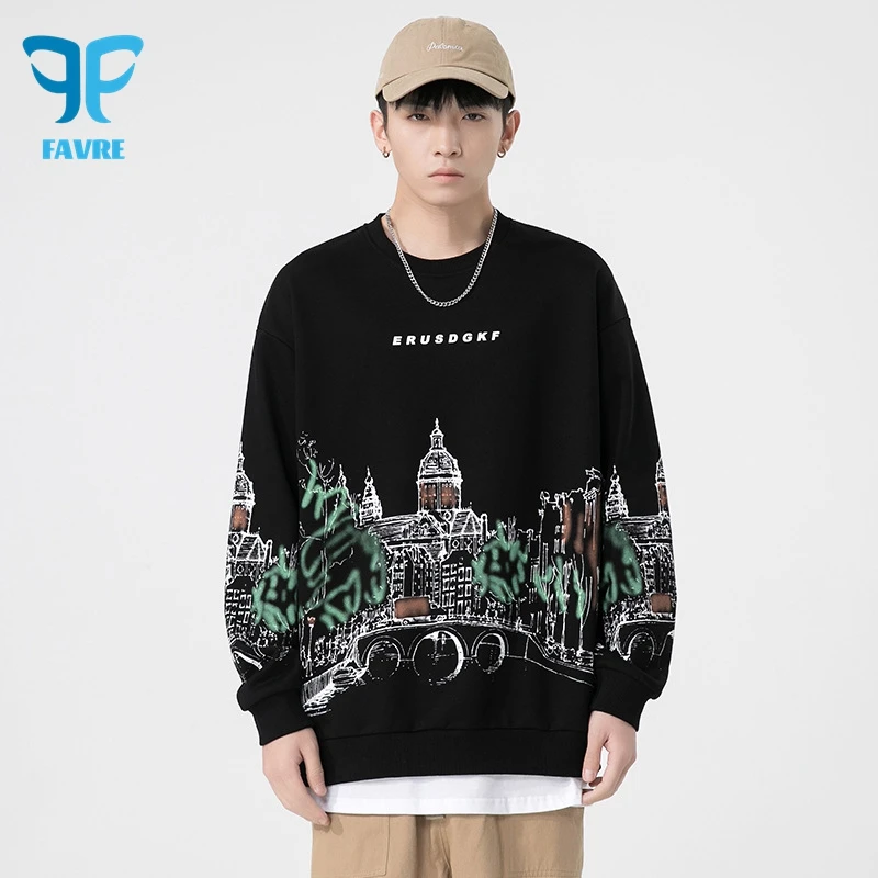 

FAVRE Fashion Castle Print Sweatshirts Mens Roundneck Letter Pullovers Spring Autumn Y2K Korean Version Male Loose Casual Tops