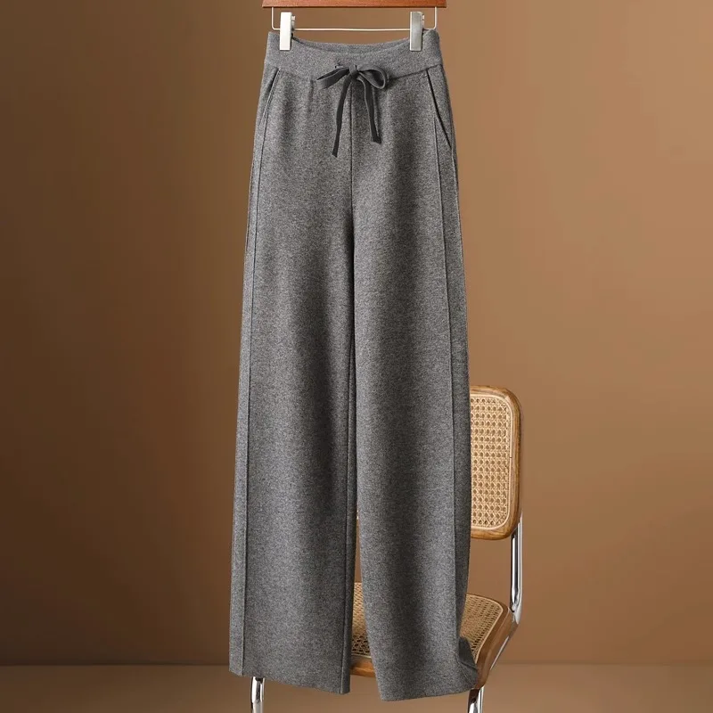 High Waist Wide Leg Woolen Pants Women's Deep ey Floor Length Trousers Spring Winter New Sle Slimming Casual Pants