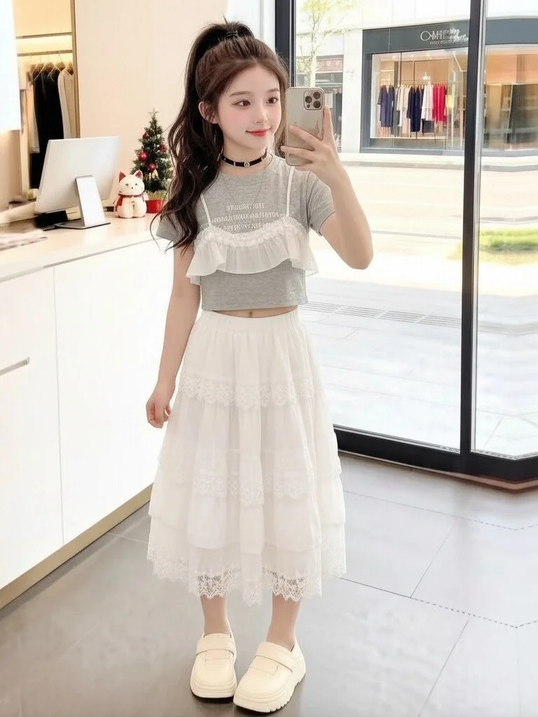 

Girls Summer Fashionable Lace Trim Short Sleeve T-Shirt And High Waist Midi Skirt Set Cute Patchwork Design Fake Two-Piece Set