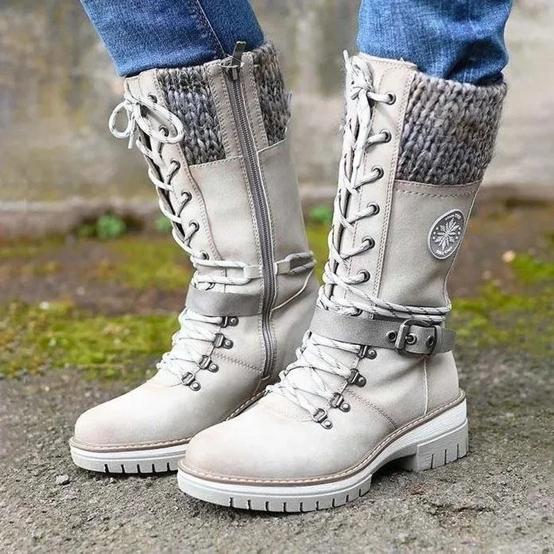 Women's Winter Side-pull Lace-up Knitted Mid-tube Boots Low-heeled Round-toe Boots High-quality Winter Warm Boots Botas De Mujer