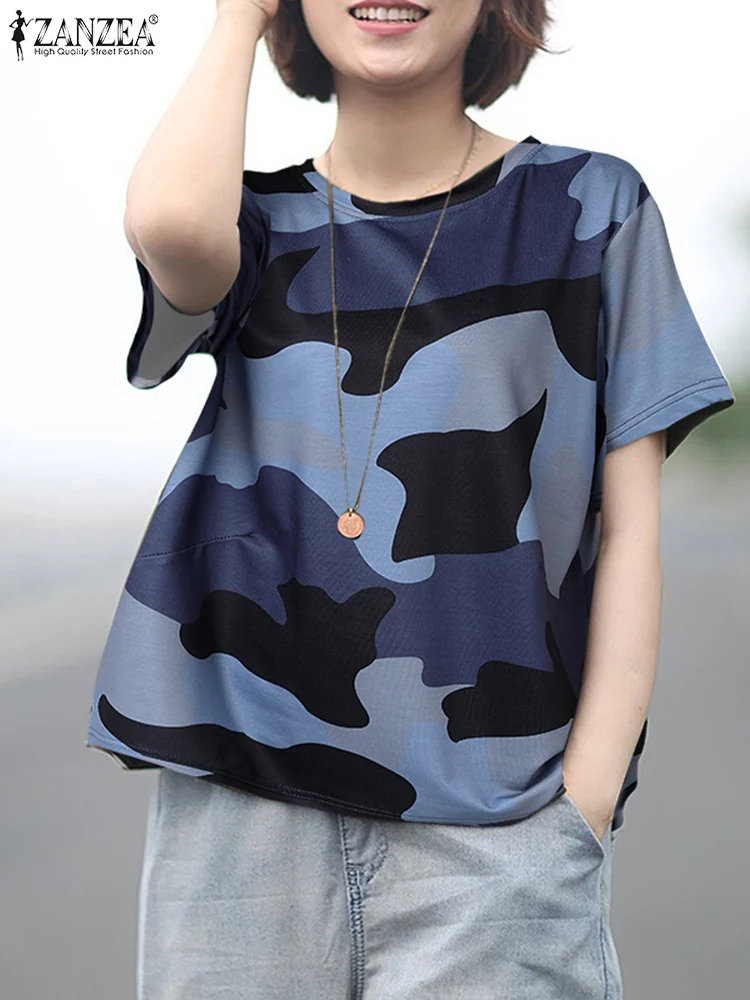 ZANZEA 2024 Summer Camouflage Print T-shirts Women Casual O Neck Short Sleeve Tees Shirt Loose Everyday Blouses Tops Chemise