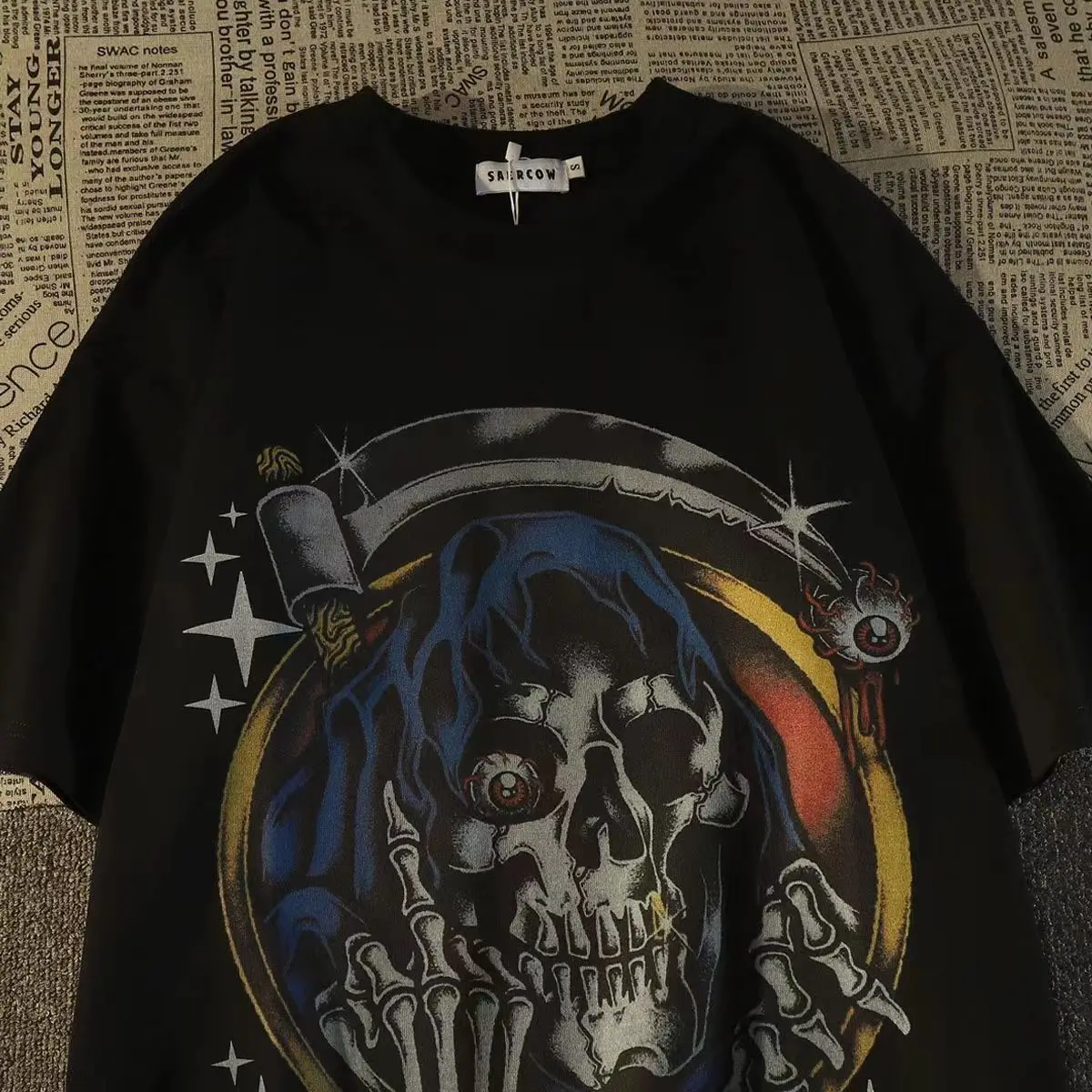 

100% Cotton American Street Fashion Brand Skull Short Sleeve T-shirt for Men and Women Couples Summer Loose European Hip Hop Top