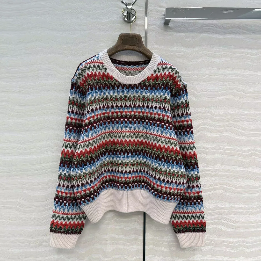 

New Autumn Fashion Vintage Ethinic Geometric Stripes Pattern Crochet Knit Sweater Women O-neck Long Sleeve Loose Casual Jumper