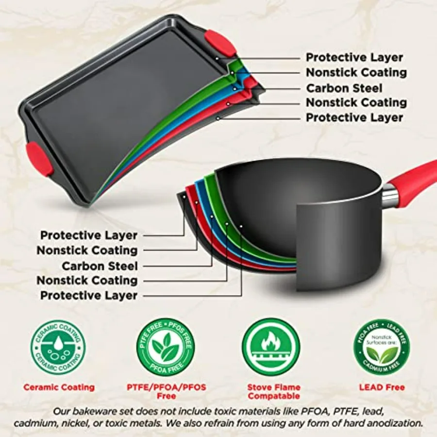 طقم أواني طهي غير لاصقة مكون من 21 قطعة، يتضمن الأواني والمقالي وأدوات الخبز وأدوات الطبخ مع مقابض سيليكون - مجموعة كاملة للغاز،