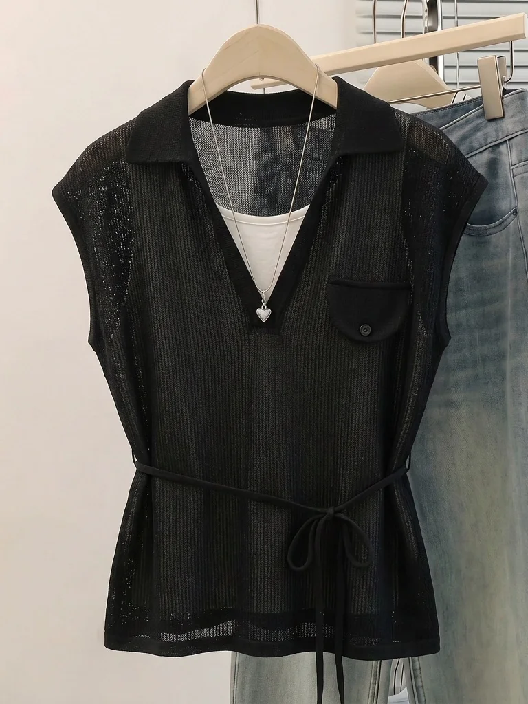 

Slim Fit V-Neck Short Sleeve Shirt Women's Fashion Korean Style Commute Wind Thin Material Waist-Cinching Top