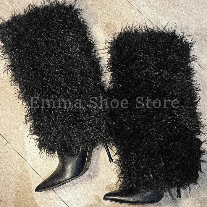 

Women's Black Leather Faux Fur Knee High Boots Pointed Toe Stiletto Heel Fashion Winter Boots Sexy Slip On Tall Ladies Botas