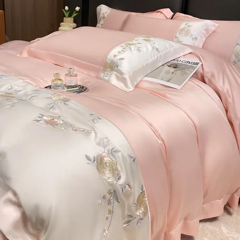 Summer light luxury A-class mother and baby grade washed ice silk four piece set, naked sleeping double-sided ice silk bed sheet