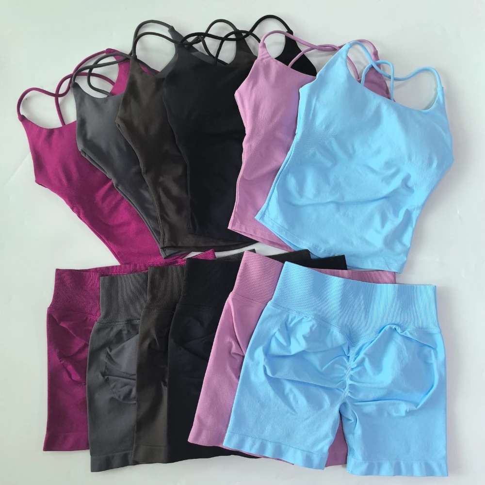 2 Pieces Sports Set Women Twist Back Top Backless Strappy Bra Seamless Yoga Shorts Gym Set Workout Clothing Outfit Fitness Suit