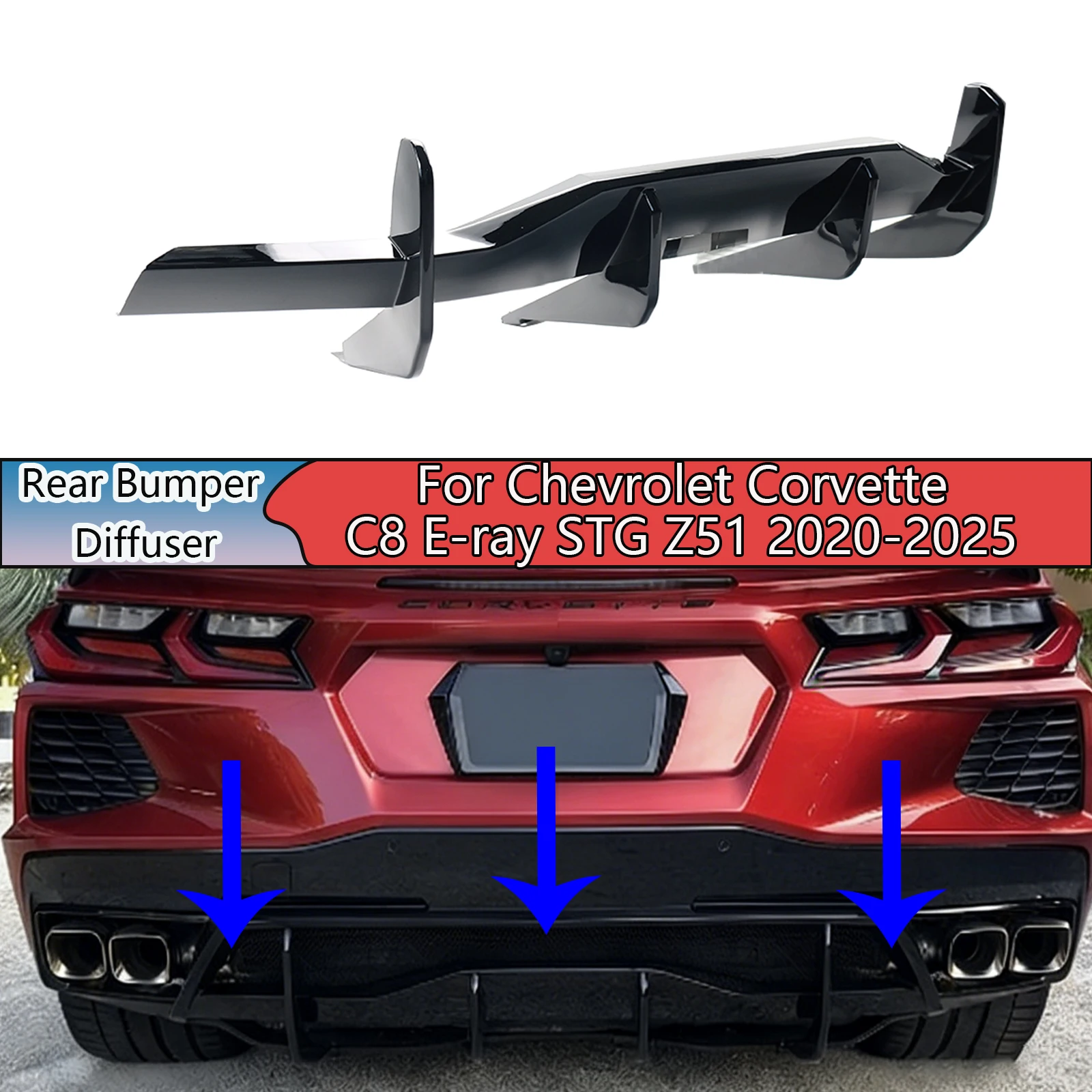 Para Chevrolet/Chevy Corvette C8 E-ray STG Z51 2020-2025 un conjunto de difusor de parachoques trasero divisor alerón Kit de carrocería estilo aleta de tiburón