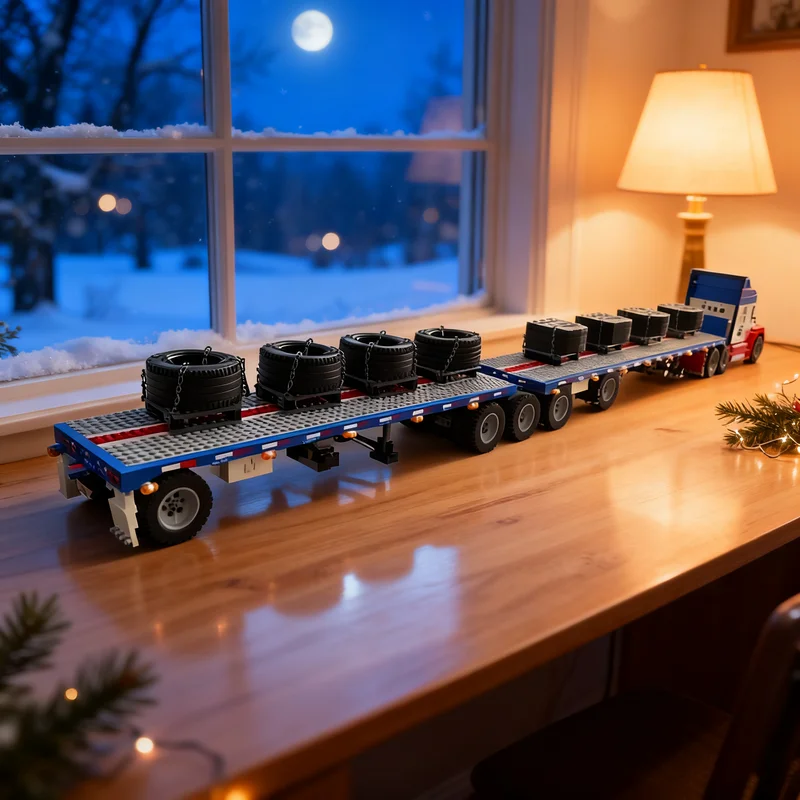 2375pcs MOC Technical B-Train Rocky Mountain Double Flatbed Trailer Combination Forklift Model Building Blocks Christmas Gift