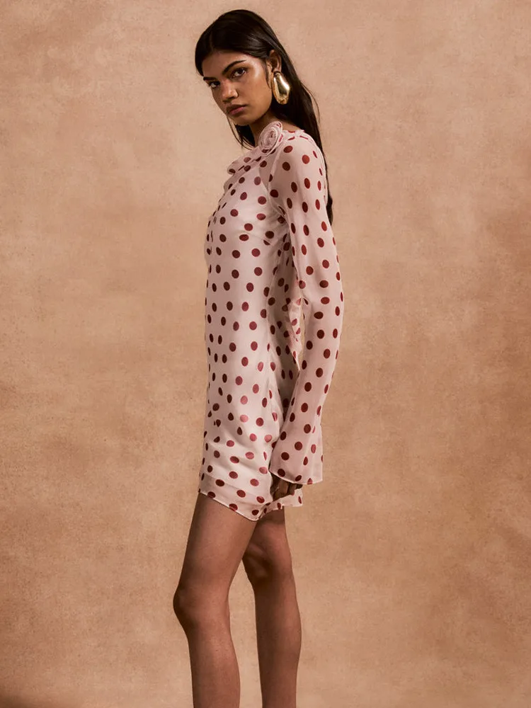 Absobe Dames Pure Chiffon Polka Dot Mini-jurk Swing Hals Lange Mouw Sexy Backless Stropdas Slanke Korte Jurk Y2K Partywear Outfit