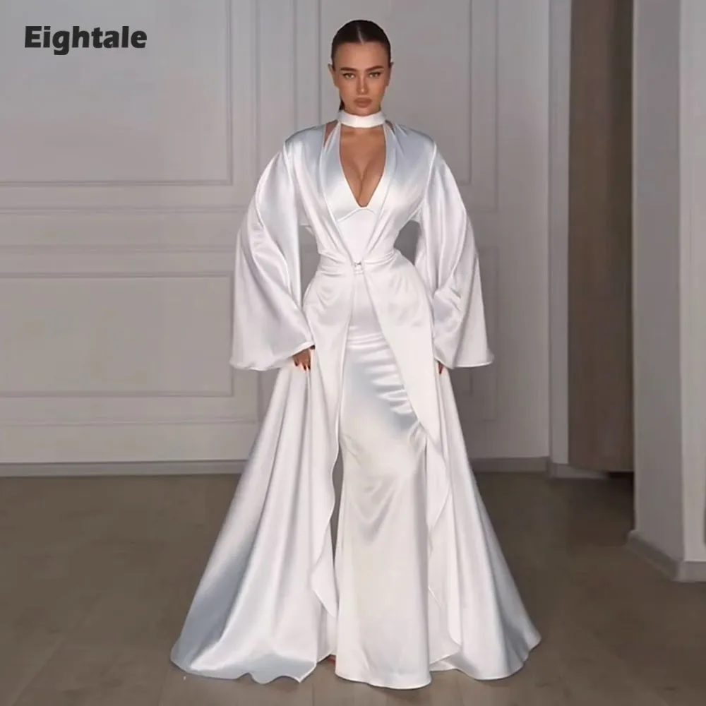 

Eightale Arabic Wedding Dress Two Piece Customized Ivory Floor Length Muslim Long Sleeves Bridal Gown Party Dress