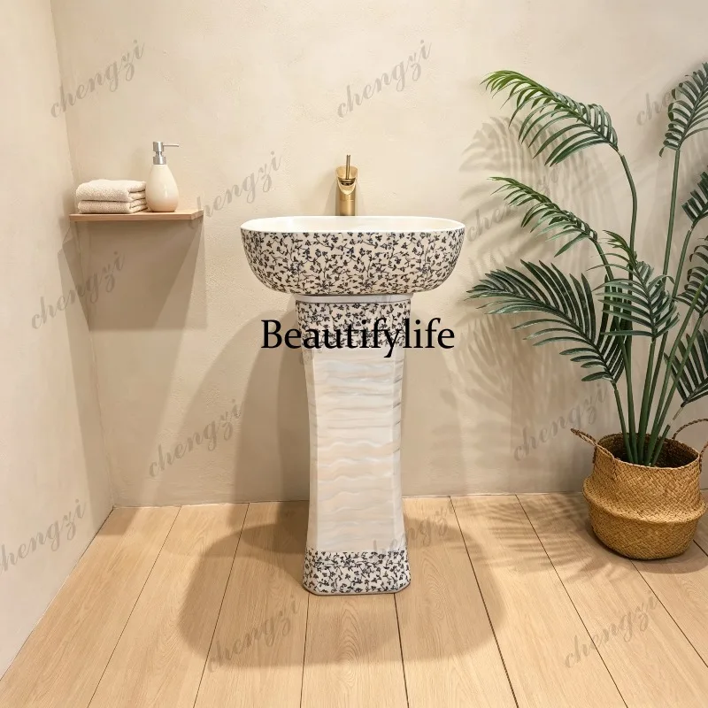 Blue and white vertical hand washing, modern washbasin pillar outdoor washbasin courtyard sink basin