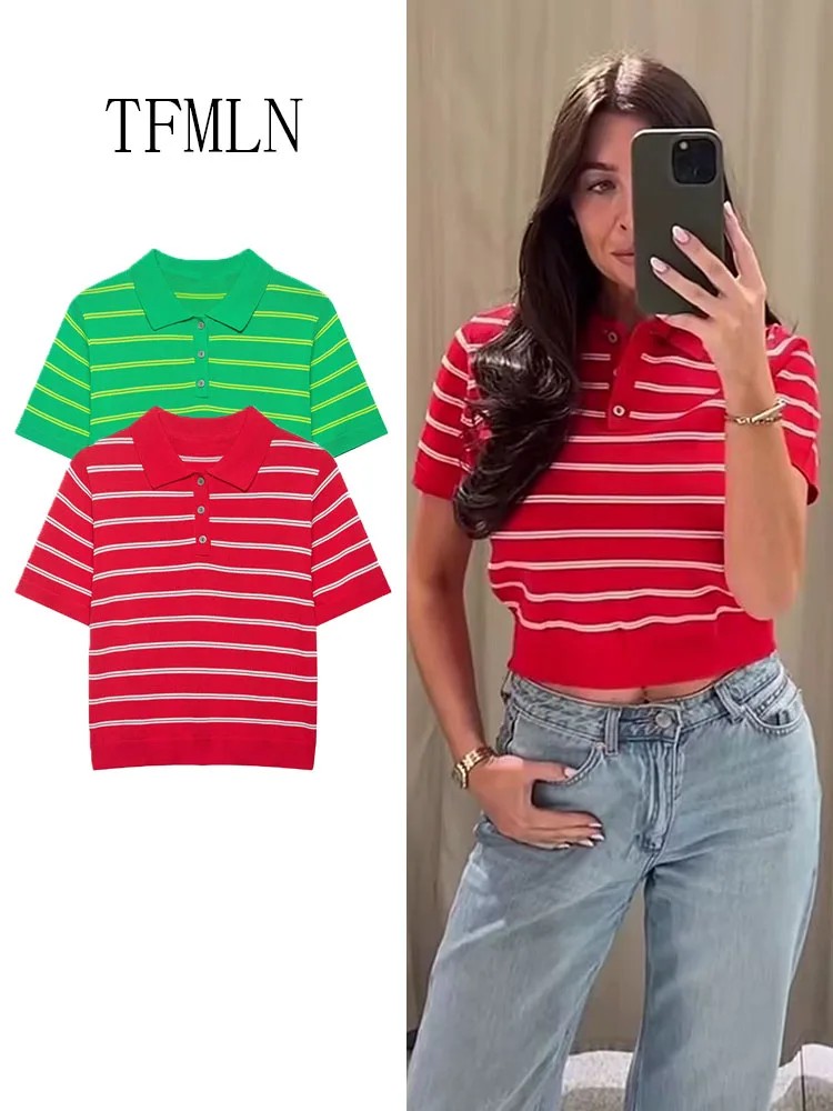 Vintage Damen Gestreifte Strickpullover Schicker Lässiger Polokragen Kurzarm-Pullover Modische Streetwear Strickwaren Sommer 2026