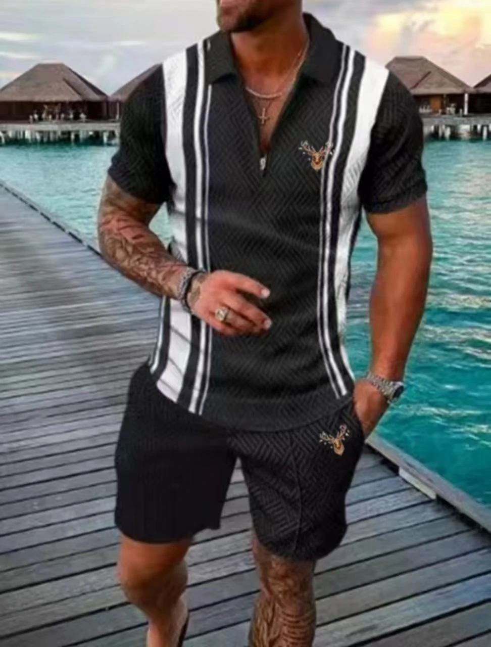 2025 Men's fashion leisure beach short sleeve animal print suit lapel zipper breathable a variety of style suit