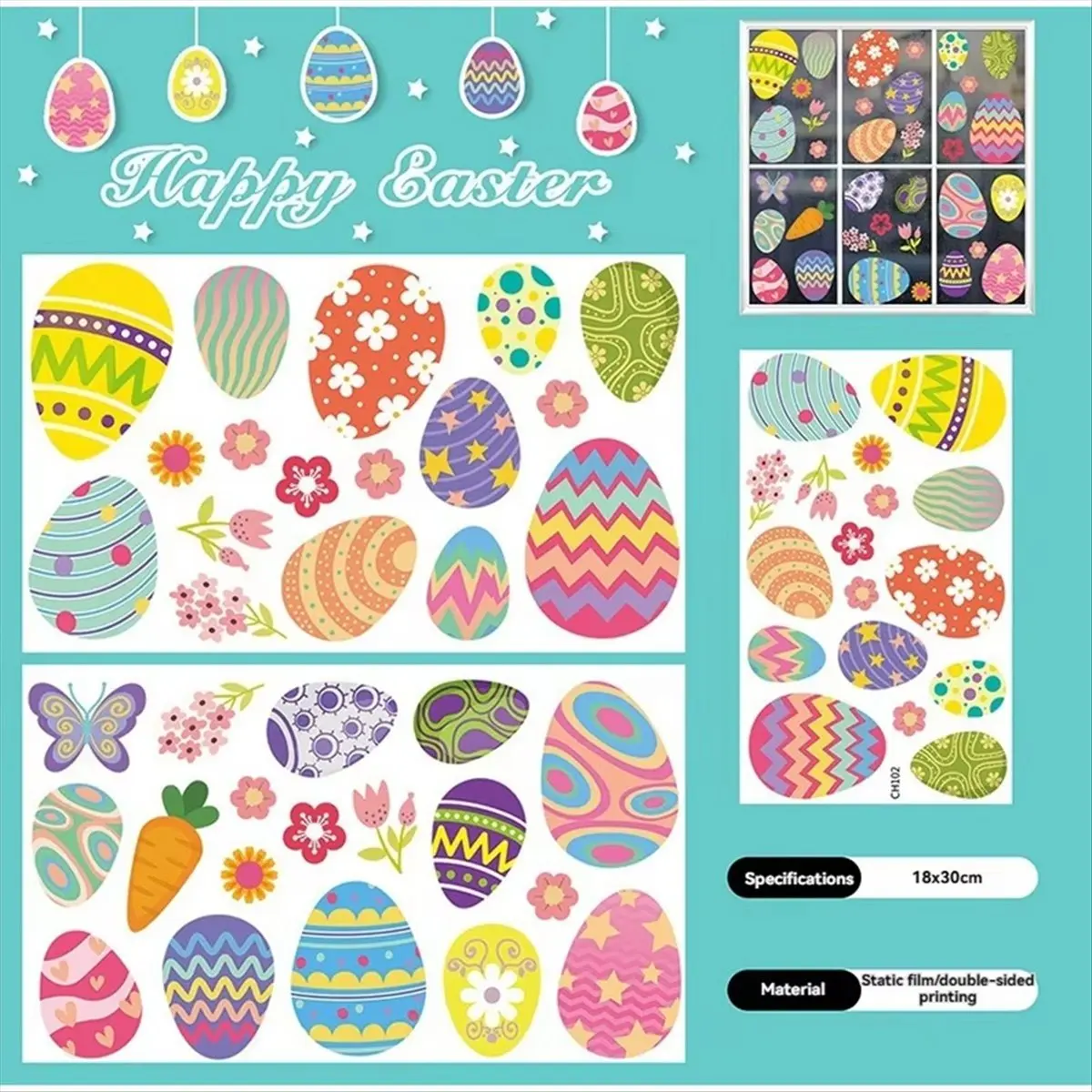 ABJS Easter Colorful Eggs Window Stickers Spring Flowers Butterfly Carrot Static Wall Decals New Showcase Glass Decoration