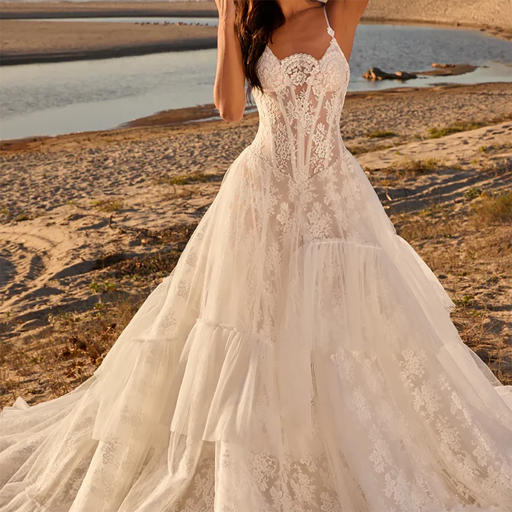 

Elegant Irregular Lace Sleeveless Basque Pleat A-Line Bride Wedding Dresses Bridal Gowns Customized