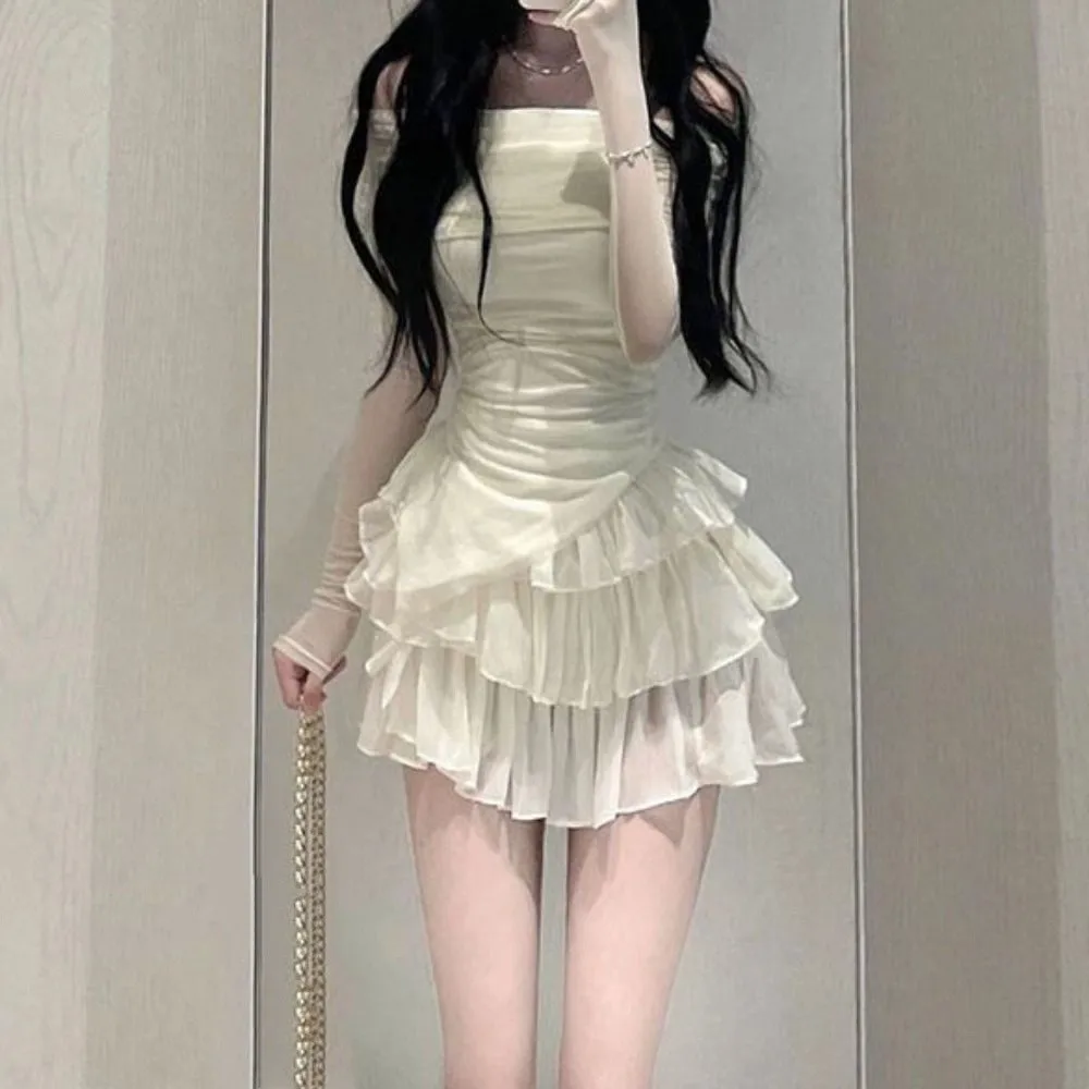 

Милый костюм для девочек с открытыми плечами, солнцезащитная футболка с рюшами, комплект юбки-торта, облегающий комплект с длинными рукавами, милая летняя одежда для женщин