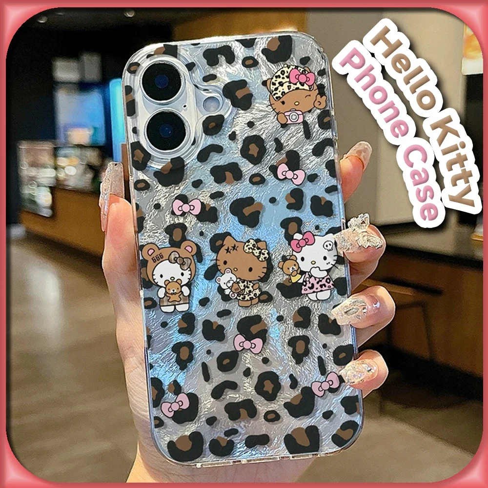 Kawaii Leopardenmuster Hello Kitty stoßfeste Hülle für iPhone 16 15 14 13 12 11 Pro Max Sanrio Anime Zubehör Schutzhülle