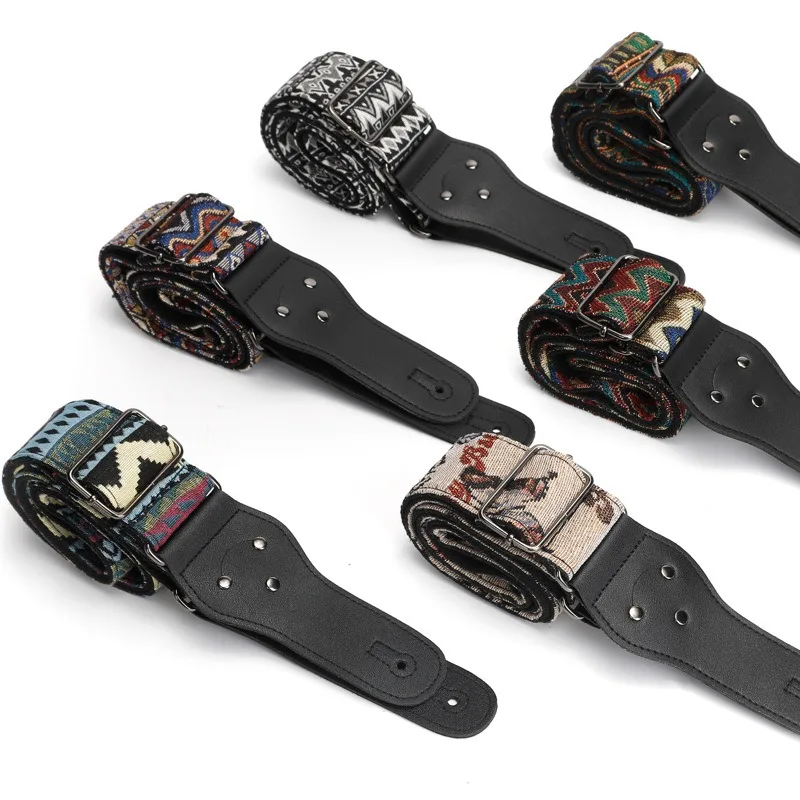 P&P  Boho Embroidered Guitar Strap  Cotton Adjustable Acoustic/Electric Bass Strap with Strap Pins+Picks, Bohemian Wave Pattern