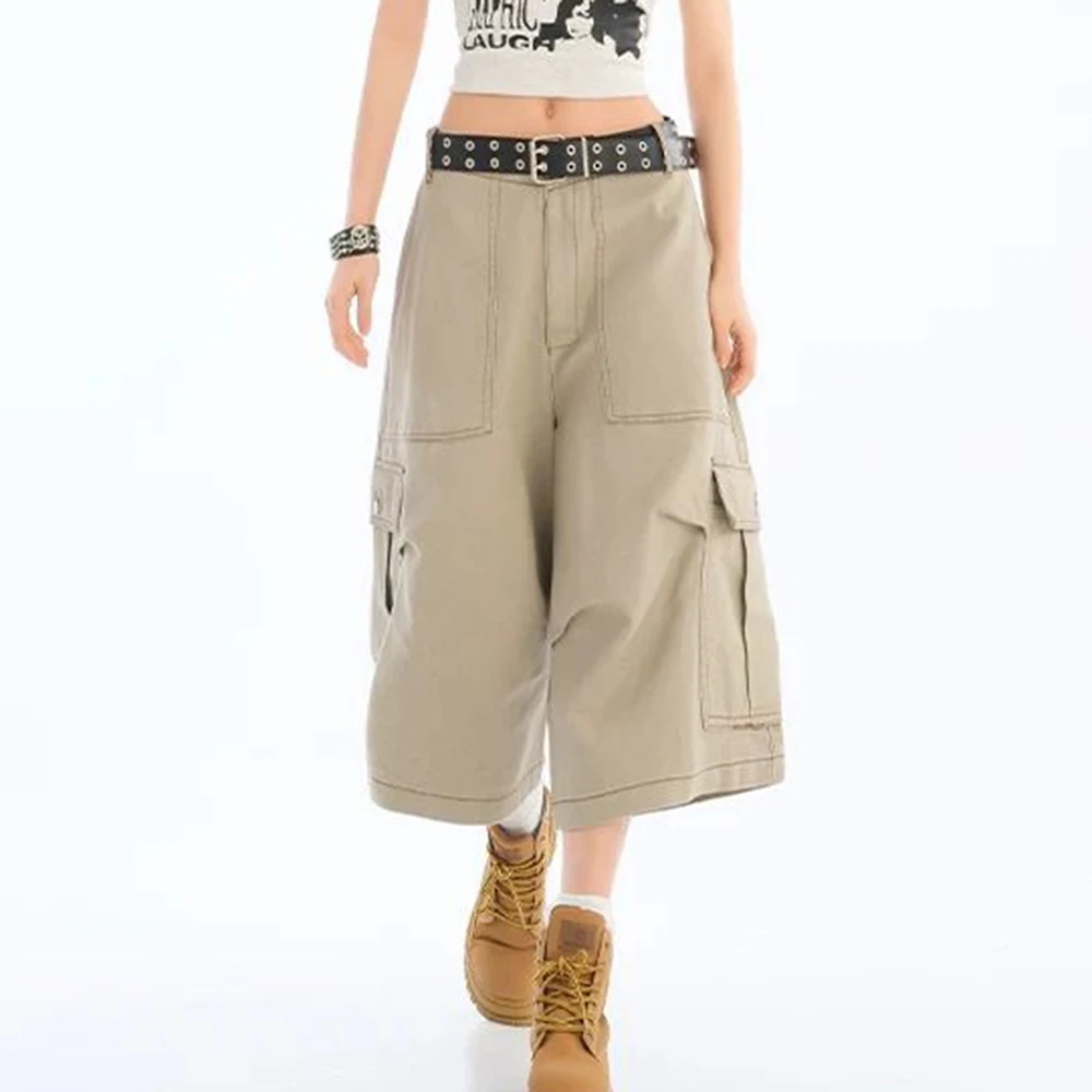 Khaki American versatile multi-pocket loose tooling shorts women's 2025 summer high-end wide-leg cropped pants