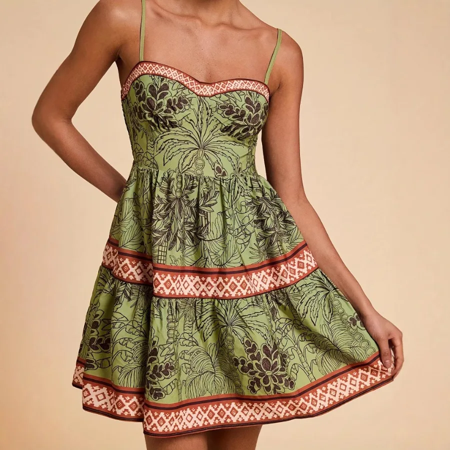 

【New style】Spring new style fashionable women's clothing printed vacation style dress with suspender A-line dress
