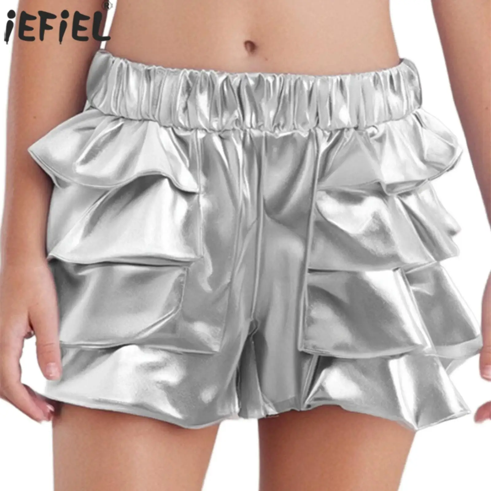 Kids Girls Hip-Hop Jazz Dance Shorts Elastic Waistband Metallic Tiered Ruffle Athletic Scooter Short Pants Street Dancewear