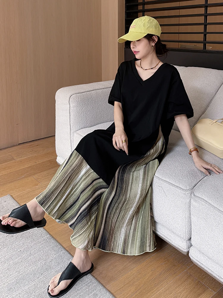 NYFS Abito estivo da donna Allentato plus Size Manica corta Patchwork nero Orlo in seta Abito lungo Robe Ete Femme Elbise 2025 Nuovo