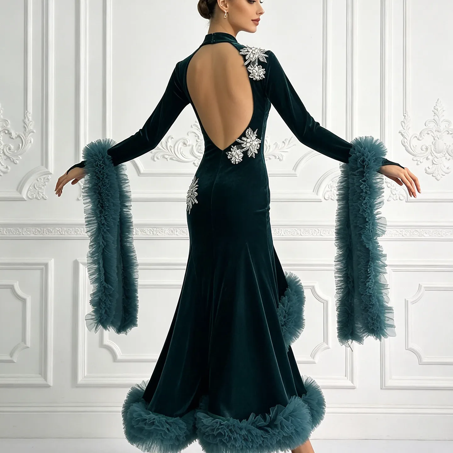 

National Standard Dance Performance Costume Women Ballroom Dance Sexy Backless Velvet Big Swing Dress Waltz Competition Dresses