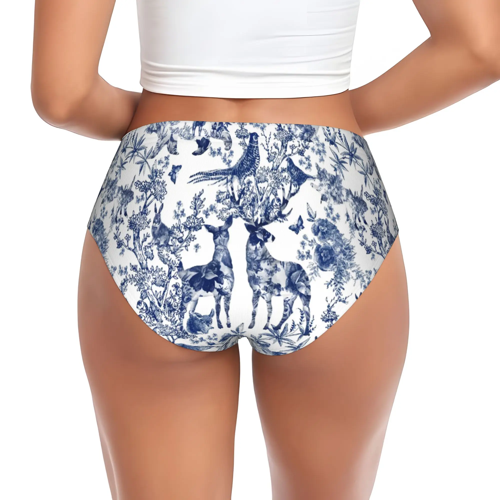 Womens Vintage French Toile De Jouy  Brief Panties Female Stretch Floral And Animal Forest Indigo Pattern  Underwear Underpants