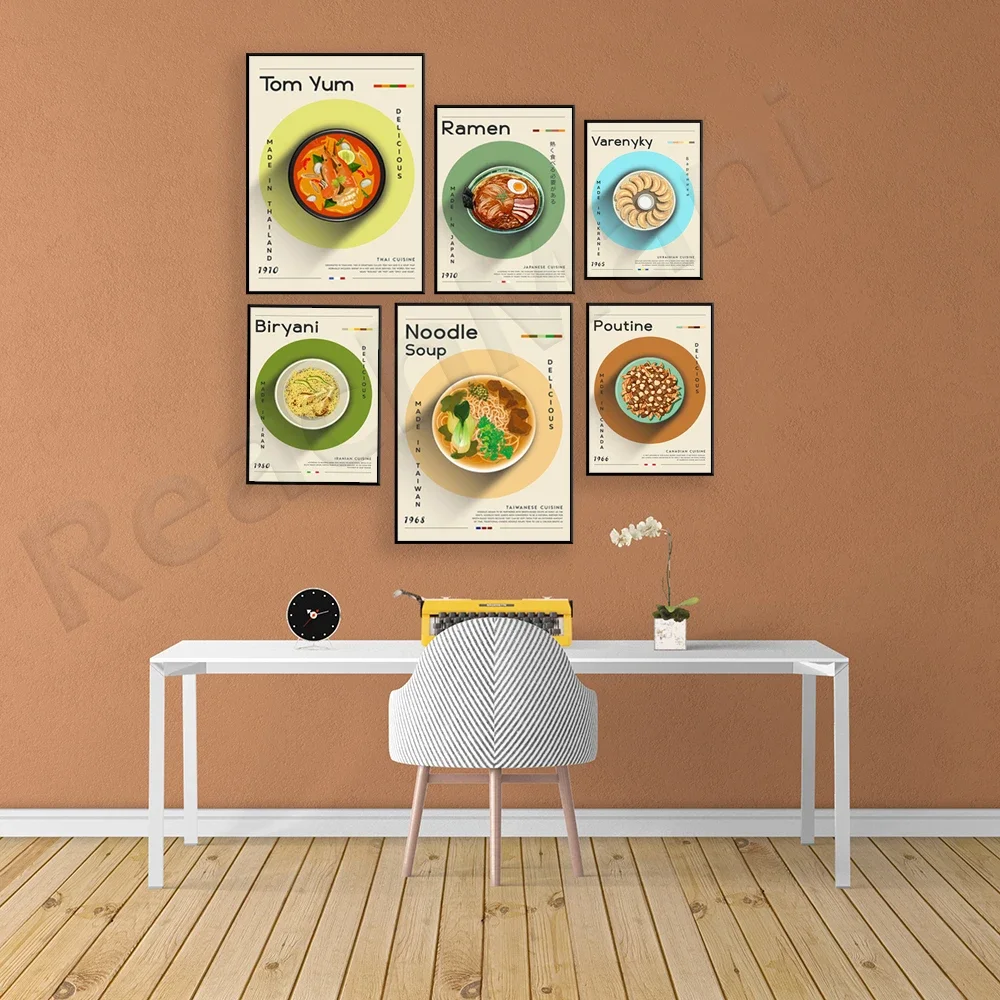 Ramen, Ceviche, Noodle Soup, Thai Tom Yum, Pho Soup, Poutine, Iranian Biryani, Varenyky Ukrainian Food Poster, Kitchen Decor