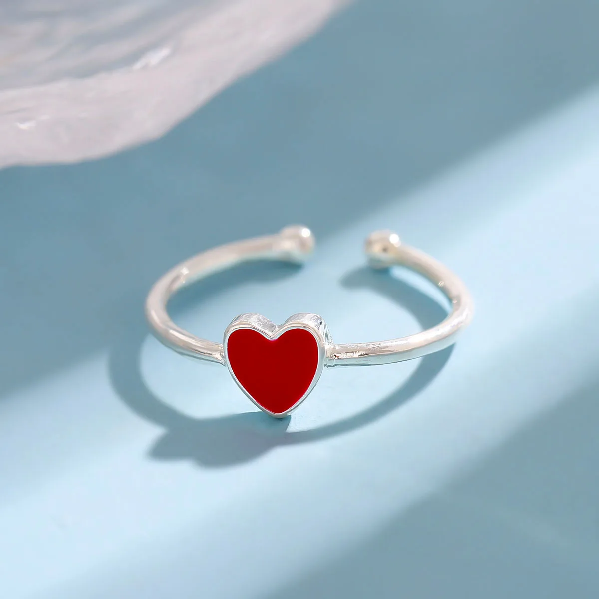 Women's 925 Sterling Silver Red Enamel Love Peach Heart Opening Ring