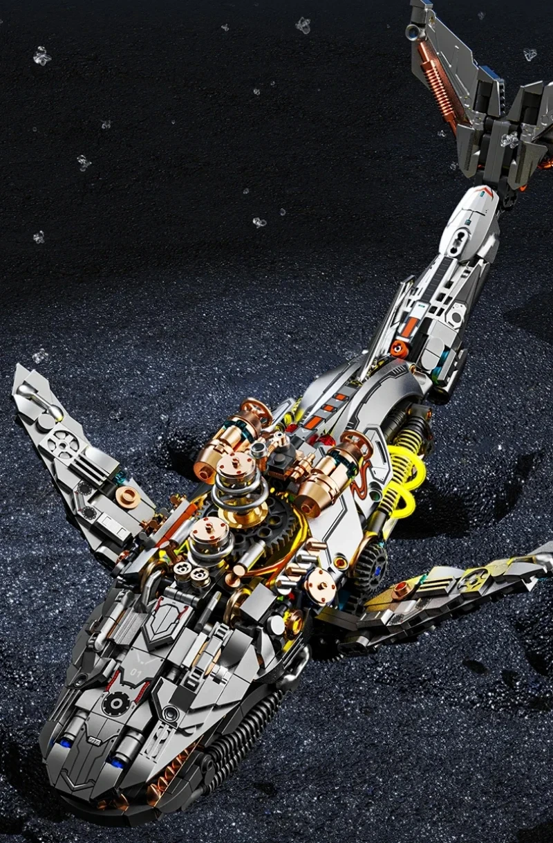 Cyberpunk Mechanischer Hai Bausteine Steampunk Ozeanwal-Bausteine Spielzeug mit LED-Licht DIY Modellbausatz Geschenk – Detail 4