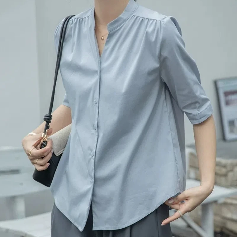 V-Neck Minimalist Solid Color Summer New 2024 Short Sleeve Top Office Lady Temperament Elegant Button All-match Female Shirt