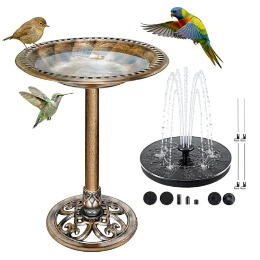 

Outdoor bird bath with solar water fountain, plastic retro copper finish, 28-inch tall and 20-inch wide bowl for garden, lawn,